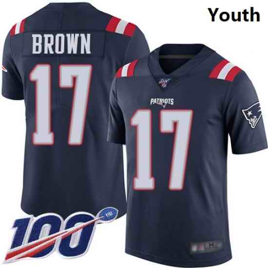 Patriots #17 Antonio Brown Navy Blue Youth Stitched Football Limited Rush 100th Season Jersey